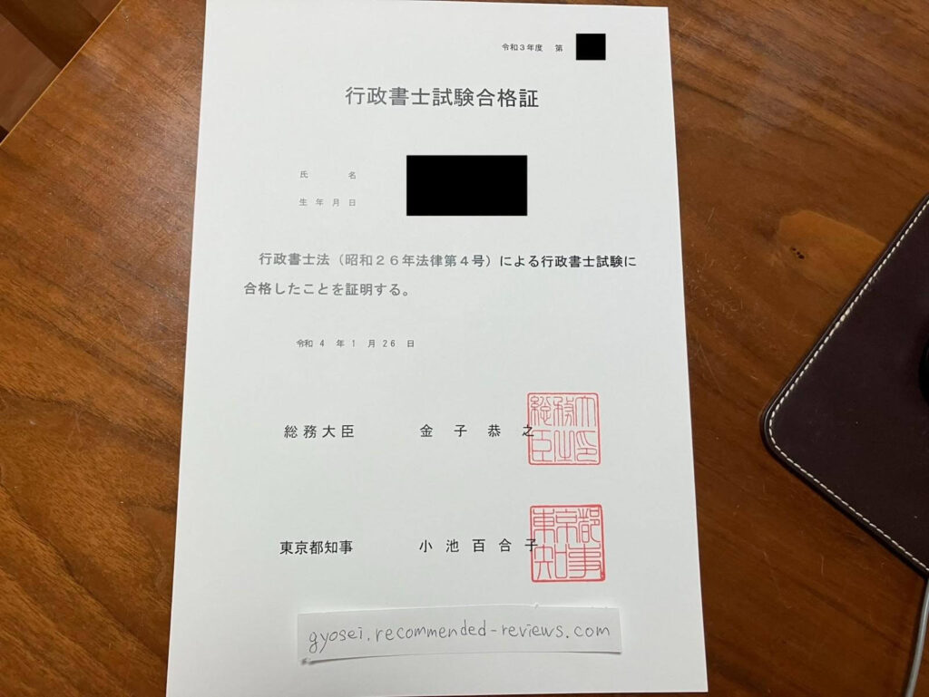 行政書士試験の合格証明書